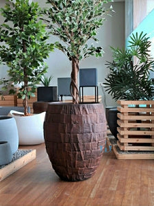 Brown Stone Cladded Finish Vase Shaped FRP (Fiberglass) Indoor And Outdoor Planters Are Lightweight, Durable, Weather Resistant, UV Resistant Made For Residential And Commercial Spaces, Available Exclusively On Shahi Sajawat India, the world of home decor products. Best trendy home decor, office decor, restaurant decor living room, kitchen and bathroom decor ideas of 2024.