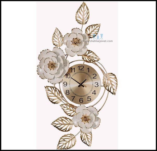 Ivory And Gold Contemporary Layered Floral Blossoms Handcrafted Quartz Metal (Iron) Wall Clock With Single Face Form And Needle Display, available exclusively on Shahi Sajawat India, the world of home decor products.Best trendy home decor, office decor, restaurant decor, living room, kitchen and bathroom decor ideas of 2024.