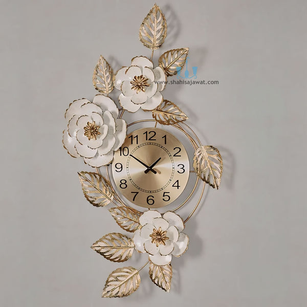 Ivory And Gold Contemporary Layered Floral Blossoms Handcrafted Quartz Metal (Iron) Wall Clock With Single Face Form And Needle Display, available exclusively on Shahi Sajawat India, the world of home decor products.Best trendy home decor, office decor, restaurant decor, living room, kitchen and bathroom decor ideas of 2024.