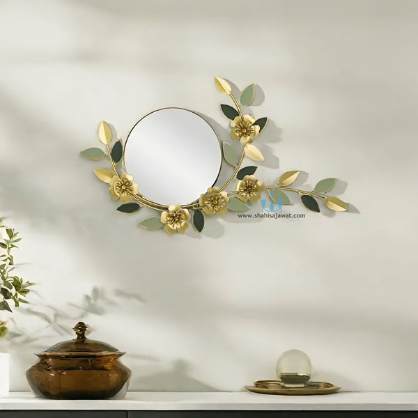 Gold, Black And Green Handcrafted Floral Veil Round Contemporary Metal (Iron) Wall Mirror, Comes Ready To Hang, Available exclusively on Shahi Sajawat India, the world of home decor products.Best trendy home decor, office decor, restaurant decor, living room, kitchen and bathroom decor ideas of 2025.