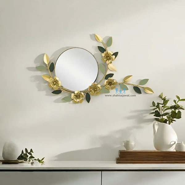 Gold, Black And Green Handcrafted Floral Veil Round Contemporary Metal (Iron) Wall Mirror, Comes Ready To Hang, Available exclusively on Shahi Sajawat India, the world of home decor products.Best trendy home decor, office decor, restaurant decor, living room, kitchen and bathroom decor ideas of 2025.