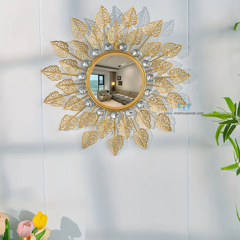 Gold/Black Leaf Handcrafted Contemporary Metal (Iron) Round Wall Mirror, Comes Ready To Hang, Available exclusively on Shahi Sajawat India, the world of home decor products.Best trendy home decor, office decor, restaurant decor, living room, kitchen and bathroom decor ideas of 2025.