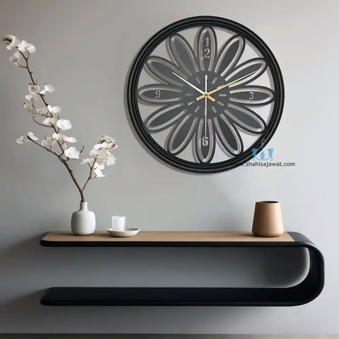 Gold/Black Floral Handcrafted Quartz Metal (Iron) Modern Wall Clock With Single Face Form And Needle Display, available exclusively on Shahi Sajawat India, the world of home decor products.Best trendy home decor, office decor, restaurant decor, living room, kitchen and bathroom decor ideas of 2025.